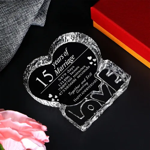 Miniatura 3 de KWOOD Cristal grabado personalizado en forma de corazón, regalo de boda de 15 aniversario para parejas, esposa, novia, marido, novio (15 aniversario)