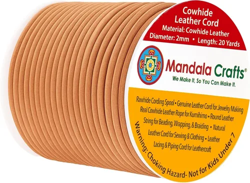 Miniatura 29 de Mandala Crafts Cordón Redondo de Cuero de Piel de Vaca Genuino Beige para Fabricación de Joyas Kumihimo Carrete de Cuerda de Cuero - Cordón