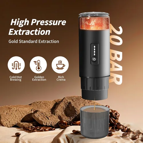 Miniatura 5 de Cafetera de café espresso portátil 3 en 1 de 20 bares, de acero inoxidable, se adapta a cápsulas de café molido y Nespresso USB-C recargable