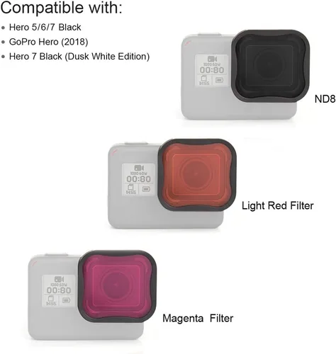 Miniatura 7 de SOONSUN Paquete de 3 filtros de lente rojo/magenta / ND8 para GoPro Hero 5 6 7 negro, filtro de buceo de esnórquel y kit de filtro de lente