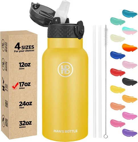 Miniatura 65 de Han's Bottle - Botella de agua para niños con tapa con pajilla - Vaso reutilizable de acero inoxidable aislado para niñas, niños, taza termo, 17