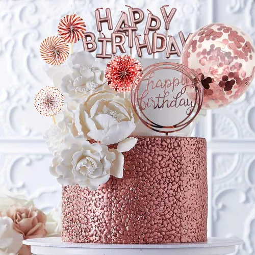 Miniatura 6 de MOVINPE Decoración de pastel de oro rosa con velas de feliz cumpleaños, pancarta de feliz cumpleaños, globos de confeti, abanicos de papel