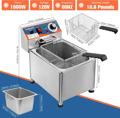 Miniatura 3 de Freidora comercial de 12 L, freidora de 1800 W con cesta, temperatura ajustable, tapa, olla de acero inoxidable, freidora eléctrica para restaurante