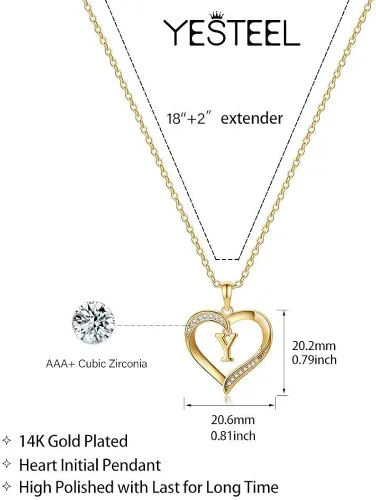 Miniatura 6 de Collar con inicial de corazón para mujer, chapado en oro de 14 quilates, collar con dije de corazón con circonita cúbica, delicado collar con dije