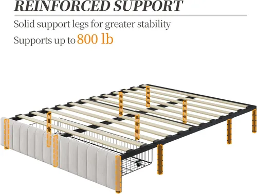 Miniatura 9 de Yaheetech Bastidor de cama completo con plataforma tapizada con 3 cajones de almacenamiento, gran espacio de almacenamiento/Listones de madera