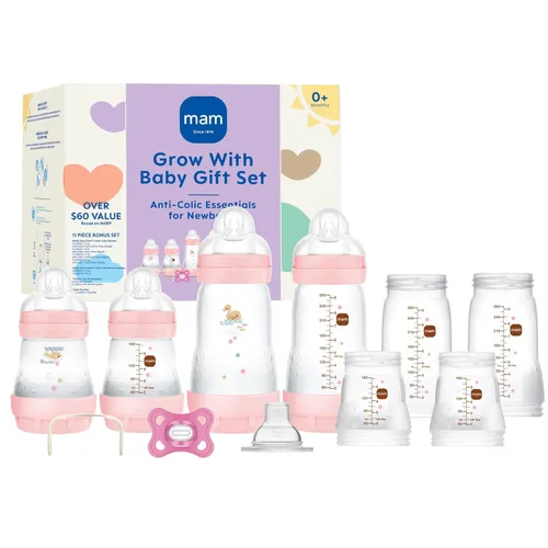 Miniatura 10 de MAM Grow with Baby - Juego de regalo de 15 piezas, recién nacido de 0 a 4 meses, biberones anticólicos y pezones de silicona SkinSoft, artículos