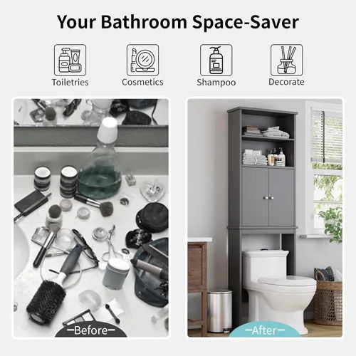 Miniatura 5 de Shintenchi Gabinete de almacenamiento sobre el inodoro, baño sobre el estante del inodoro, organizador de estante ajustable para baño con barra