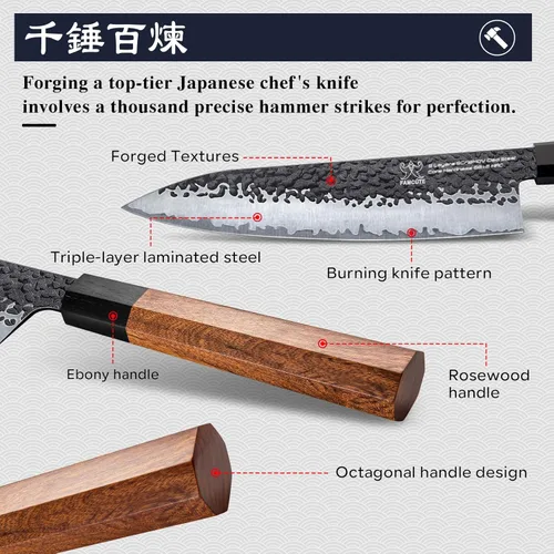 Miniatura 4 de FAMCÜTE Cuchillo japonés de 8 pulgadas, forjado a mano de 5 capas de alto carbono 9CR18MOV de acero con mango de palisandro, cuchillo de cocina