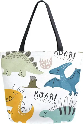 SUABO Bolsa de asas de cocina reutilizable para comestibles, bolsa de compras de lona para exteriores Dinosaurio