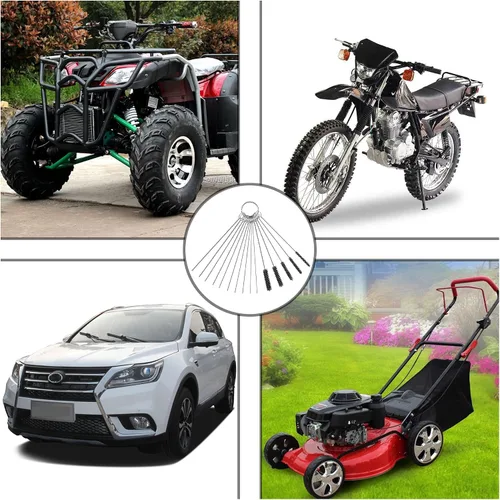 Miniatura 7 de Limpiador de chorro de suciedad de carbón para carburador, juego de 10 agujas de limpieza + 5 cepillos de nylon para motocicleta, ATV, ciclomotor
