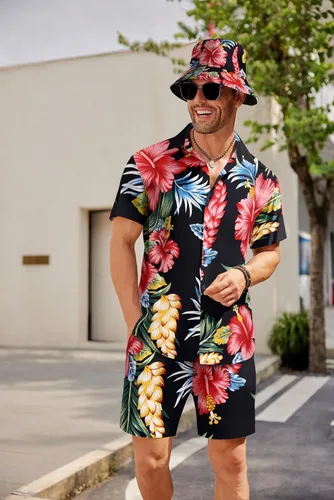 Miniatura 2 de COOFANDY Conjunto de camisa hawaiana y pantalón corto para hombre, traje de playa de 2 piezas con sombreros de pescador