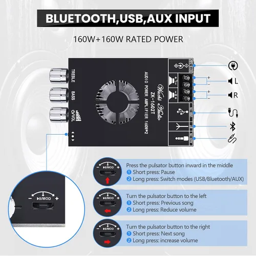 Miniatura 3 de ZK-1602T Bluetooth 5.0 amplificador de potencia para altavoces domésticos 2.0 canales 160W+160W estéreo mini amplificador módulo TDA7498E chip W/TB