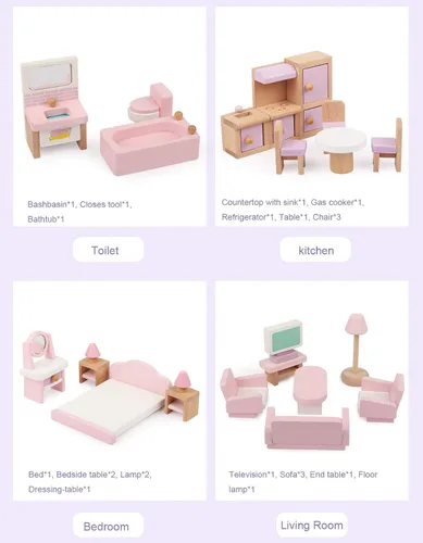 Miniatura 4 de 22 piezas de muebles de casa de muñecas de madera, accesorios de muebles de madera a escala 1:12, muebles de muñeca para muñeca, sala de estar