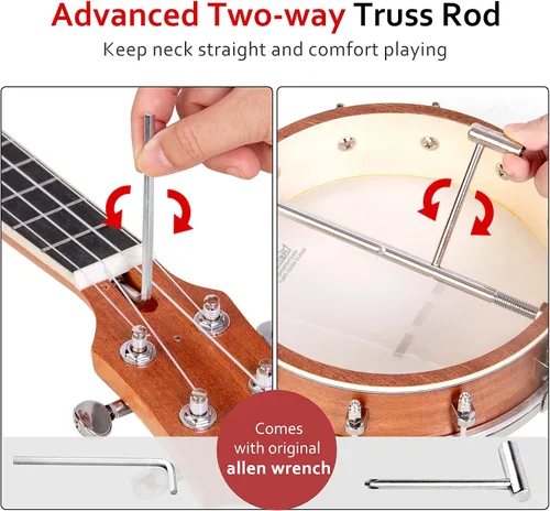 Miniatura 4 de Banjolele, Sapele Travel Banjolele 26 pulgadas 4 cuerdas lotmusic Remo Drumhead espalda abierta con kit para principiantes cuerda extra Allen Wrench