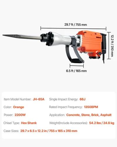 Miniatura 8 de VEVOR Martillo de demolición Jack Hammer, Martillo eléctrico MAX 2200W de alta resistencia, rompedor de hormigón de 1400 BPM, 4 piezas de cinceles