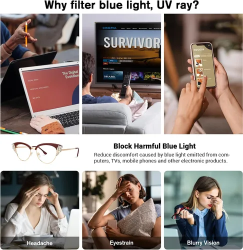 Miniatura 6 de VOOGLAM Lentes de bloqueo de luz azul de ojo de gato para mujer con cristal, lentes elegantes negros anti UV luz azul fatiga ocular