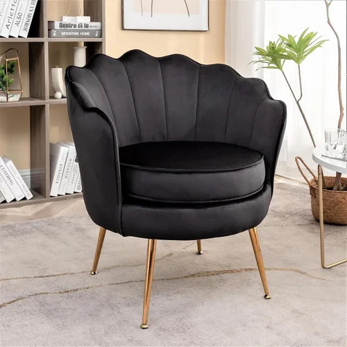 Container Furniture Direct Silla de terciopelo con silueta festoneada y patas de metal dorado, pieza decorativa adecuada para espacios Negro