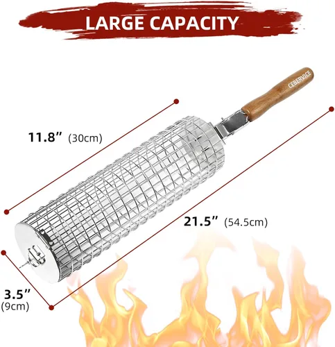 Miniatura 5 de Cesta de parrilla rodante, acero inoxidable SUS304, mango de madera extraíble, cesta de parrilla de barbacoa cilíndrica redonda, parrilla de cocina