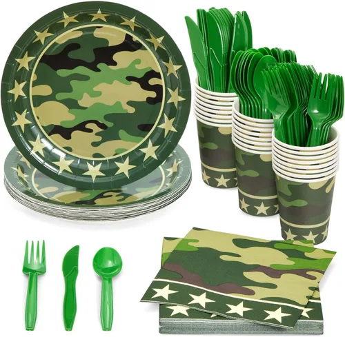 Decoraciones de fiesta de camuflaje de 144 piezas para cumpleaños con temática del ejército, baby shower, fiesta de bienvenida a casa, sirve 24,
