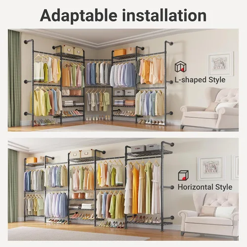 Miniatura 3 de Timate F5 Perchero de ropa expandible montado en la pared con 8 estantes ajustables y 4 varillas colgantes expandibles, perchero de ropa de tubería