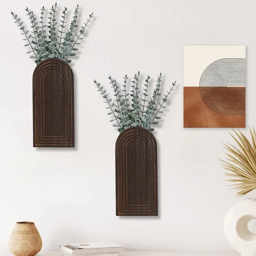 Miniatura 5 de Dnnnii Juego de 2 jarrones de pared de madera, acabado marrón oscuro, decoración de pared moderna de granja y bohemio para entrada, pasillo, baño