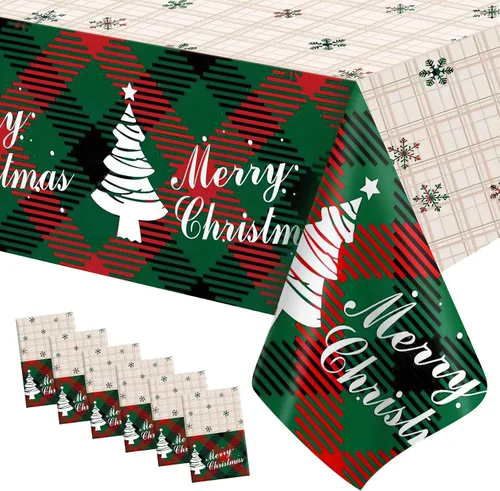 Miniatura 13 de Mantel de Navidad, 2 piezas de mantel de Navidad desechable para mesa rectangular, 54" x 108" de plástico con diseño de copo de nieve, árbol