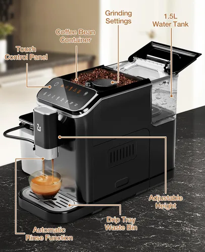 Miniatura 7 de Máquina automática de café expreso con presión de 20 bares, cafetera de un solo toque, molinillo integrado y espumador de leche, 6 recetas Negro