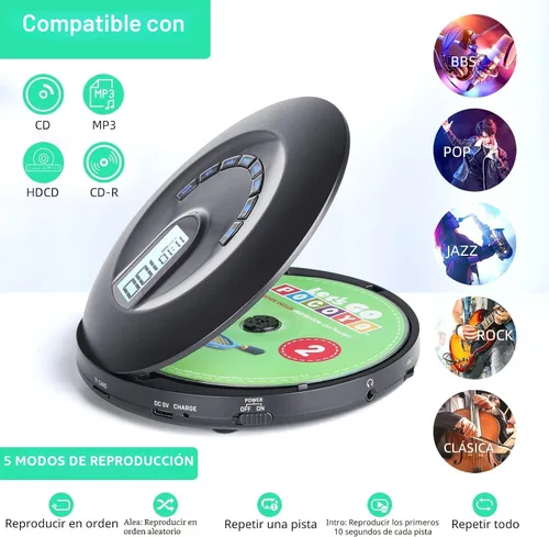Miniatura 5 de Reproductor de CD portátil, reproductor de CD portátil recargable para coche y viajes, pequeño reproductor de CD con auriculares y antisaltos y a