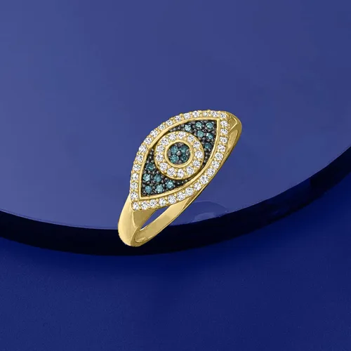 Miniatura 4 de Ross-Simons 0.30 ct. t.w. Blue and White Diamond Evil Eye Ring in 14kt Yellow Gold