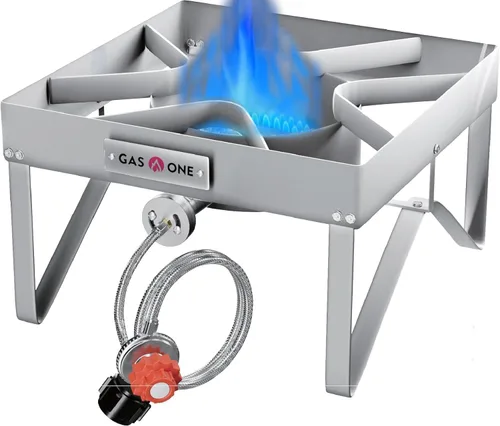 GasOne - Quemador de propano de acero inoxidable para exteriores, estufa de campamento de alta presión con regulador ajustable y manguera trenzada