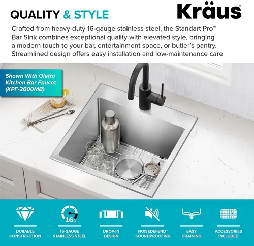 Miniatura 4 de Kraus Standart PRO - Fregadero de cocina de acero inoxidable de calibre 16 con tazón individual para bar, montaje superior/inferior de 18 pulgadas