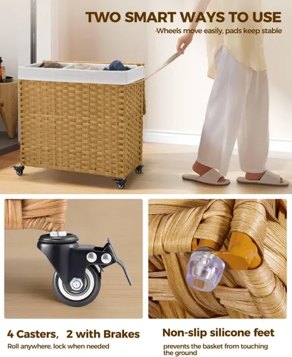 Miniatura 20 de GREENSTELL Cesta para ropa sucia con ruedas y tapa, 130 L, cesta grande de 3 secciones con 2 tipos de bolsas de forro extraíbles, 5 bolsas de malla