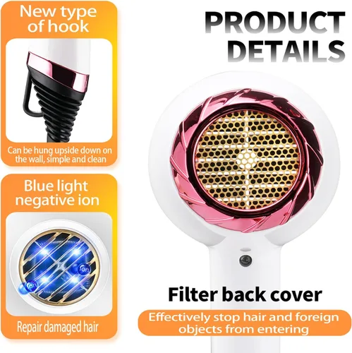 Miniatura 4 de 【Pantalla inteligente】Secador de pelo profesional 2000 iónico de alta potencia con motor de CA de secado rápido para cabello grueso 4C con accesorio