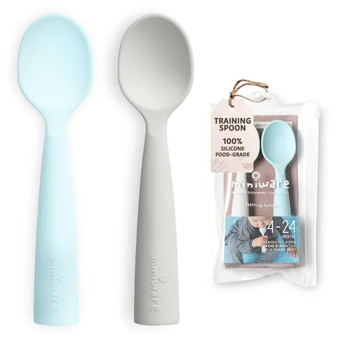 Miniware Juego de cubiertos de cuchara de dentición (gris y aguamarina)