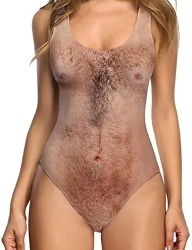 yakyamgi Traje de baño de una pieza para mujer, sexy, de corte alto, con estampado de pelo en el pecho, divertido y favorecedor, traje de baño de