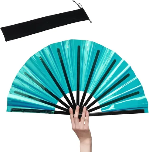 Miniatura 17 de HeyToo Ventilador de mano plegable grande y brillante para fiesta, club nocturno, festival, Halloween, accesorios de traje de 13 pulgadas, azul