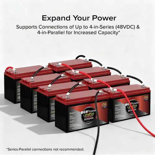 Miniatura 7 de Paquete de 2 baterías recargables ECI Power LiFePO4 de litio de 12 V 100 Ah Bluetooth 5000 ciclos de vida y 10 años de vida útil BMS integrado