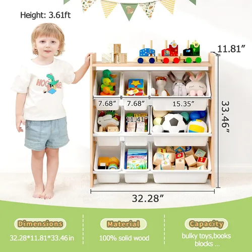 Miniatura 3 de MallBest Organizador de juguetes para niños con 9 contenedores – Estante de almacenamiento de 4 niveles 100% madera maciza para sala