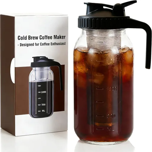 Miniatura 10 de Cafetera de cerveza fría, jarra de cerveza fría de 64 onzas con filtro de acero inoxidable y alfombrilla de café, tarro de vidrio con tapa