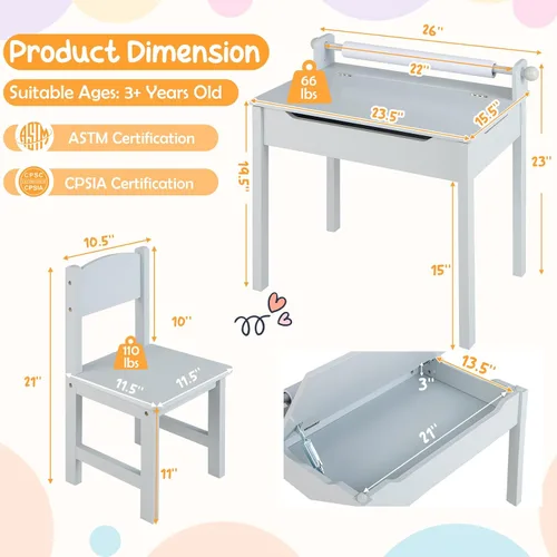 Miniatura 8 de Costzon - Juego de mesa y silla para niños, mesa de arte y manualidades con tapa abatible para sala de juegos, jardín de infantes, escritorio