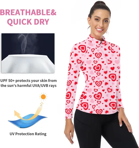 Miniatura 67 de WOWENY Camiseta deportiva de manga larga para mujer, con cremallera de un cuarto, cuello para entrenamiento, camiseta de tenis con estampado