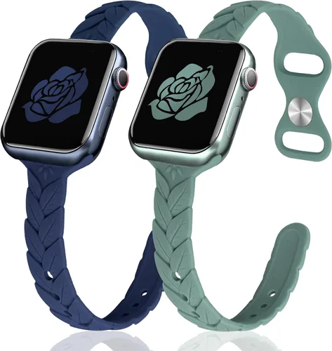 Miniatura 11 de JR.DM - Paquete de 2 bandas de silicona grabadas compatibles con Apple Watch de 38/40/41/42/44/45/46/49 mm, correa delgada y femenina de hoja