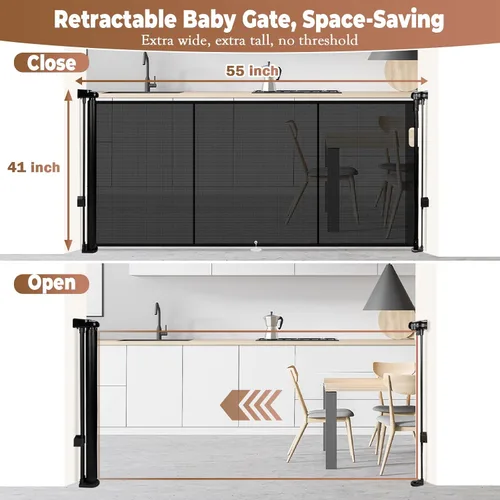 Miniatura 3 de Puerta retráctil para bebés de 55 pulgadas extra ancha, puerta retráctil para perros de 41 pulgadas de alto para escaleras, puertas, terrazas