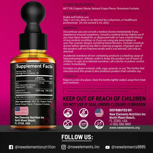 Miniatura 3 de New Elements Suplemento de hierro líquido para mujeres y hombres con vitamina B12 de 5000 mcg, constructor de sangre libre para la anemia, gotas