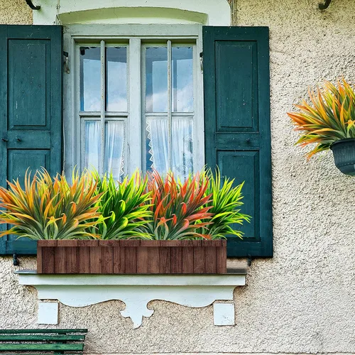 Miniatura 4 de 8 piezas flores artificiales de otoño para decoración al aire libre, plantas artificiales de otoño para exteriores, hierba amarilla artificial