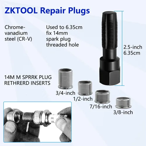 Miniatura 2 de ZKTOOL Kit de reparación de rosca de bujías de 14 mm, kit de reparación de cabeza de cilindro roscada, herramienta de reparación de rosca