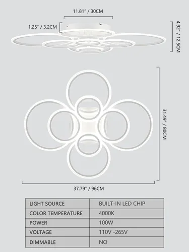 Miniatura 4 de Lámpara de techo LED moderna de montaje empotrado, 8 anillos blancos, lámpara de techo cercana al techo, para sala de estar, iluminación de comedor