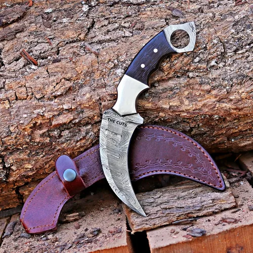 THE CUTS Cuchillo de caza hecho a mano de acero de Damasco, garra de supervivencia Cuchillo de dientes tácticos de doble filo afilado, cuchillo de