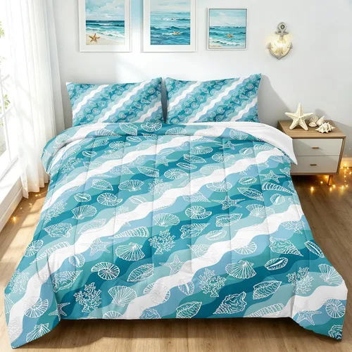 Miniatura 11 de BDUCOK Twin Size Ocean Starfish Comforter Set Teal Turquoise Beach Bedding with Seashell Print Coastal Nautical Bedroom Decor All Season 3005Twin