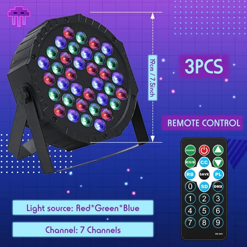 Miniatura 2 de Paquete de 3 luces LED par para DJ, luz de escenario de 7 canales para escenario con control remoto y control DMX, luces elevadas activadas por